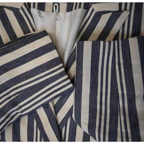 Veronica Beard Millar Blazer Size Medium Blue Cream Striped Linen Blend - Picture 8 of 11